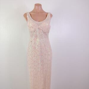 Nightway Sequin Scoop Neck Gown Maxi Dress Sheer Prom Gatsby Champagne Sz 8 NWT